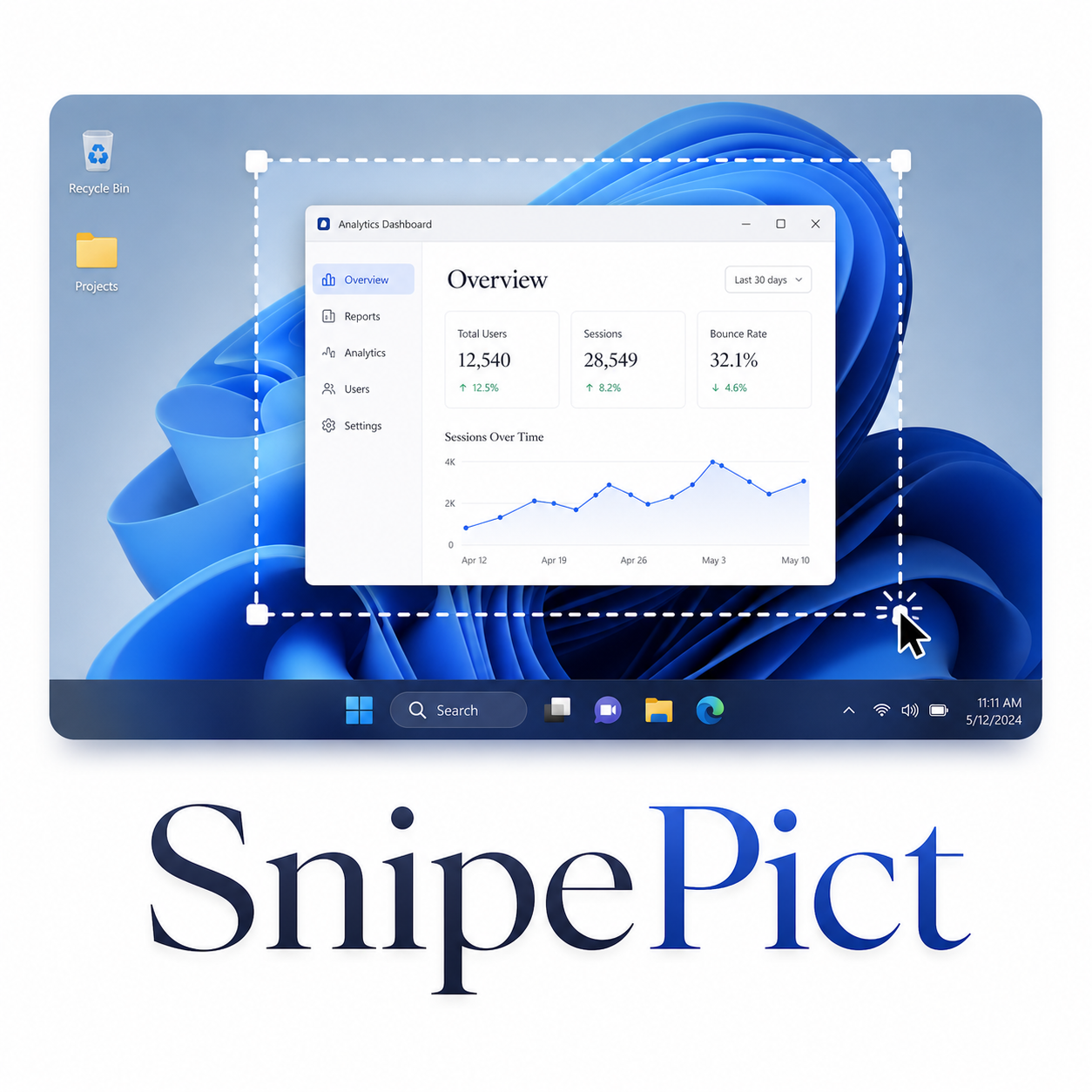 SnipePict showing a region selection over a Windows 11 dashboard